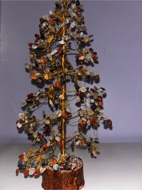 Gemstone Chip Wire Tree Sculpture in Gold with Multi-Colored Chips